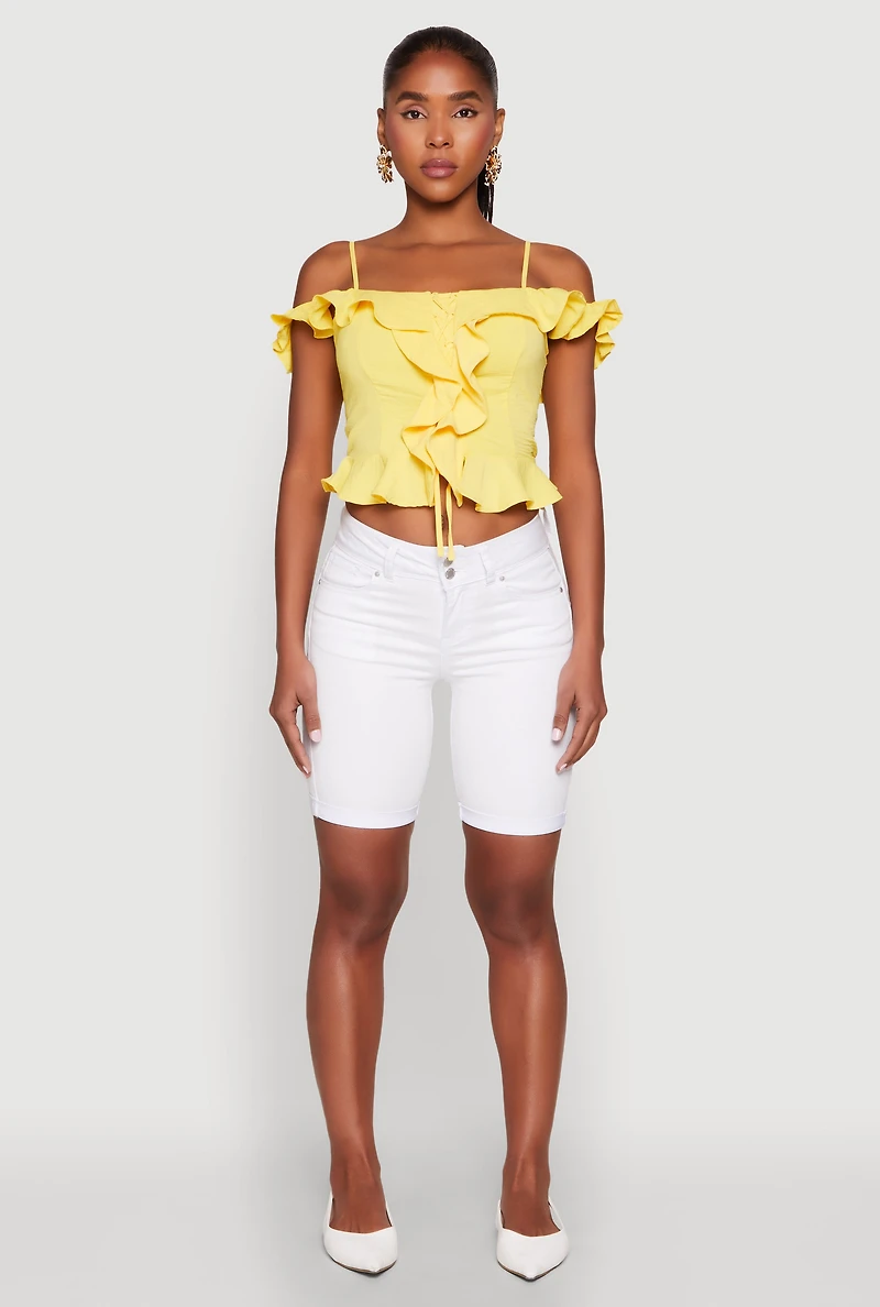 Womens Iris Ruffled Cold Shoulder Crop Top, Yellow, Size M
