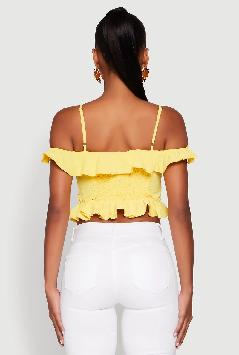 Womens Iris Ruffled Cold Shoulder Crop Top, Yellow, Size M