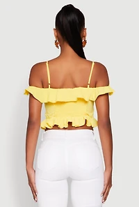 Womens Iris Ruffled Cold Shoulder Crop Top, Yellow, Size M