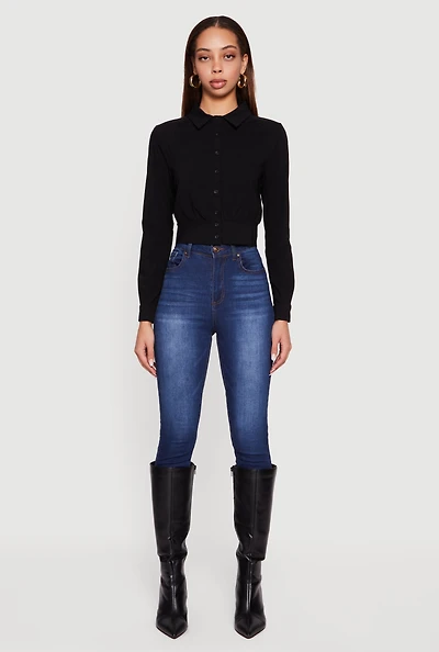 Cropped Long Sleeve Button Front Smocked Back Shirt