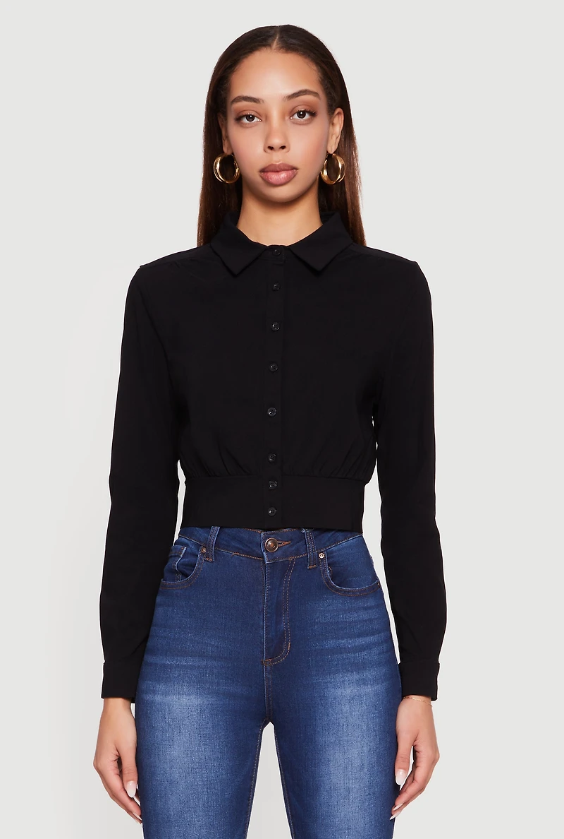 Cropped Long Sleeve Button Front Smocked Back Shirt