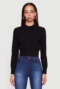 Cropped Long Sleeve Button Front Smocked Back Shirt