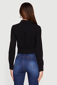 Cropped Long Sleeve Button Front Smocked Back Shirt