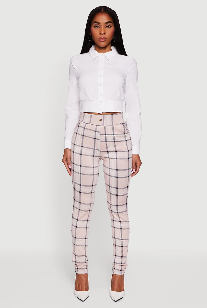 Womens Cropped Long Sleeve Button Front Smocked Back Shirt, White, Size S