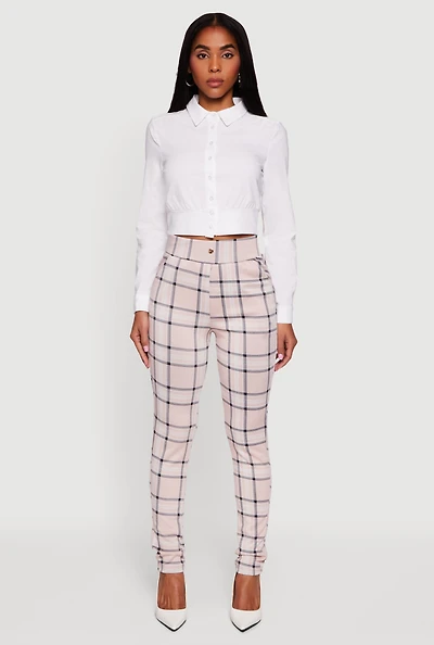 Womens Cropped Long Sleeve Button Front Smocked Back Shirt, White, Size S