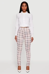 Womens Cropped Long Sleeve Button Front Smocked Back Shirt, White, Size S