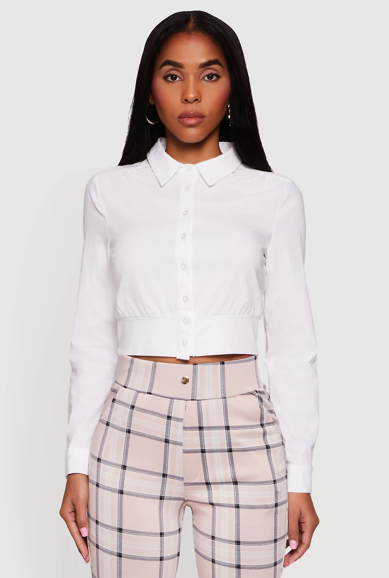 Womens Cropped Long Sleeve Button Front Smocked Back Shirt, White, Size S