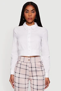 Womens Cropped Long Sleeve Button Front Smocked Back Shirt, White, Size S