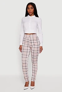 Womens Cropped Long Sleeve Button Front Smocked Back Shirt, White, Size S