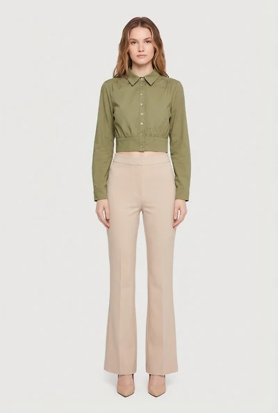 Cropped Long Sleeve Button Front Smocked Back Shirt