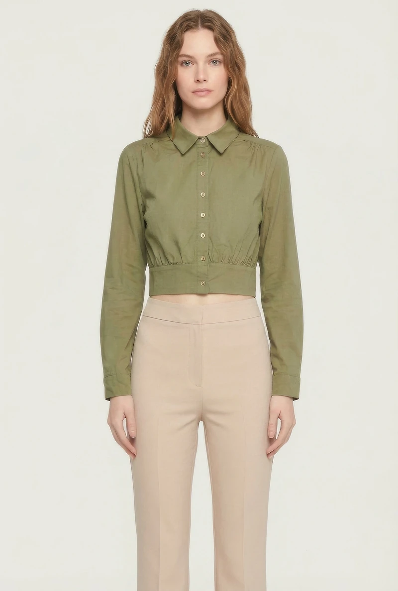 Cropped Long Sleeve Button Front Smocked Back Shirt