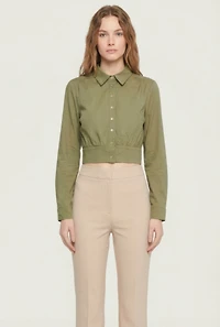 Cropped Long Sleeve Button Front Smocked Back Shirt