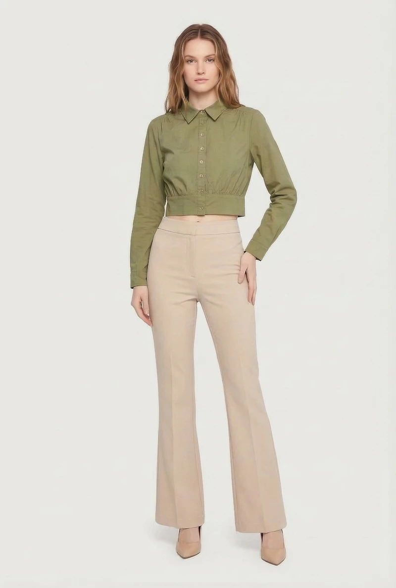 Cropped Long Sleeve Button Front Smocked Back Shirt