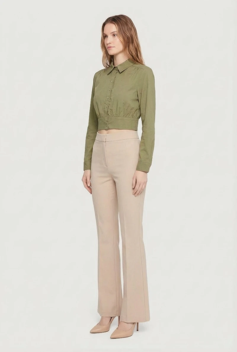 Cropped Long Sleeve Button Front Smocked Back Shirt
