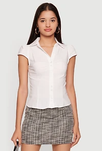 Cap Puff Sleeve Ruched Button Front Shirt