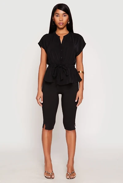 Womens Iris Crepe Knit Drawstring Waist Blouse, Black, Size S