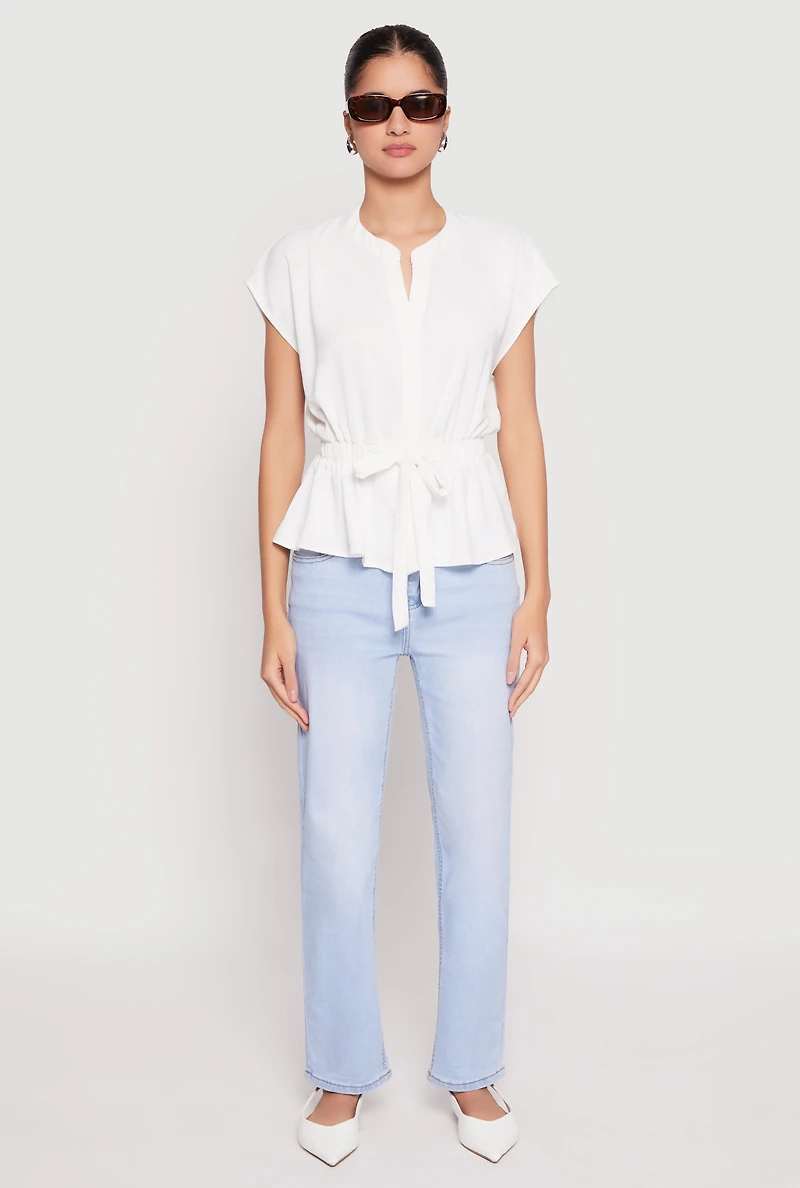 Womens Iris Crepe Knit Drawstring Waist Blouse, White, Size S