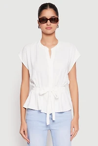 Womens Iris Crepe Knit Drawstring Waist Blouse, White, Size S