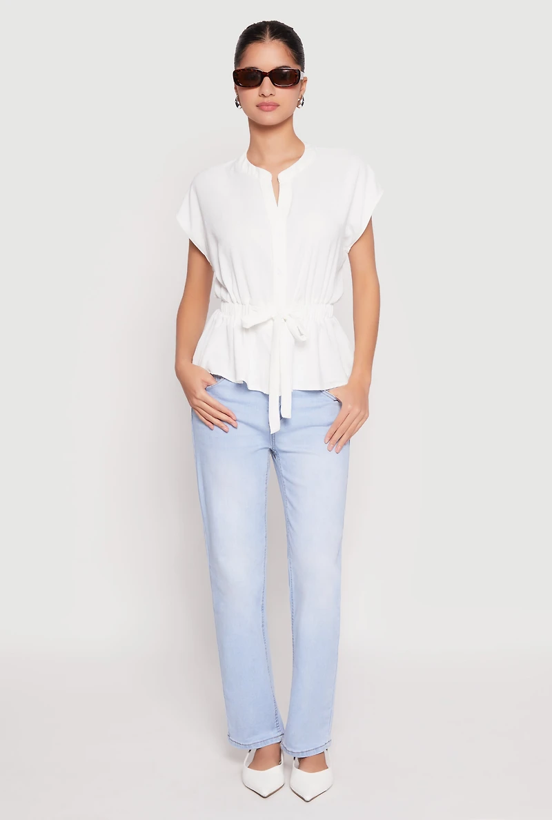 Womens Iris Crepe Knit Drawstring Waist Blouse, White, Size S