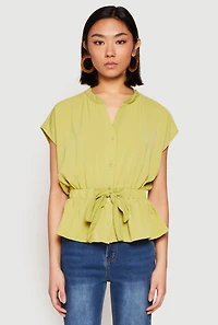 Womens Iris Crepe Knit Drawstring Waist Blouse, Green, Size S