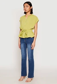 Womens Iris Crepe Knit Drawstring Waist Blouse, Green, Size S
