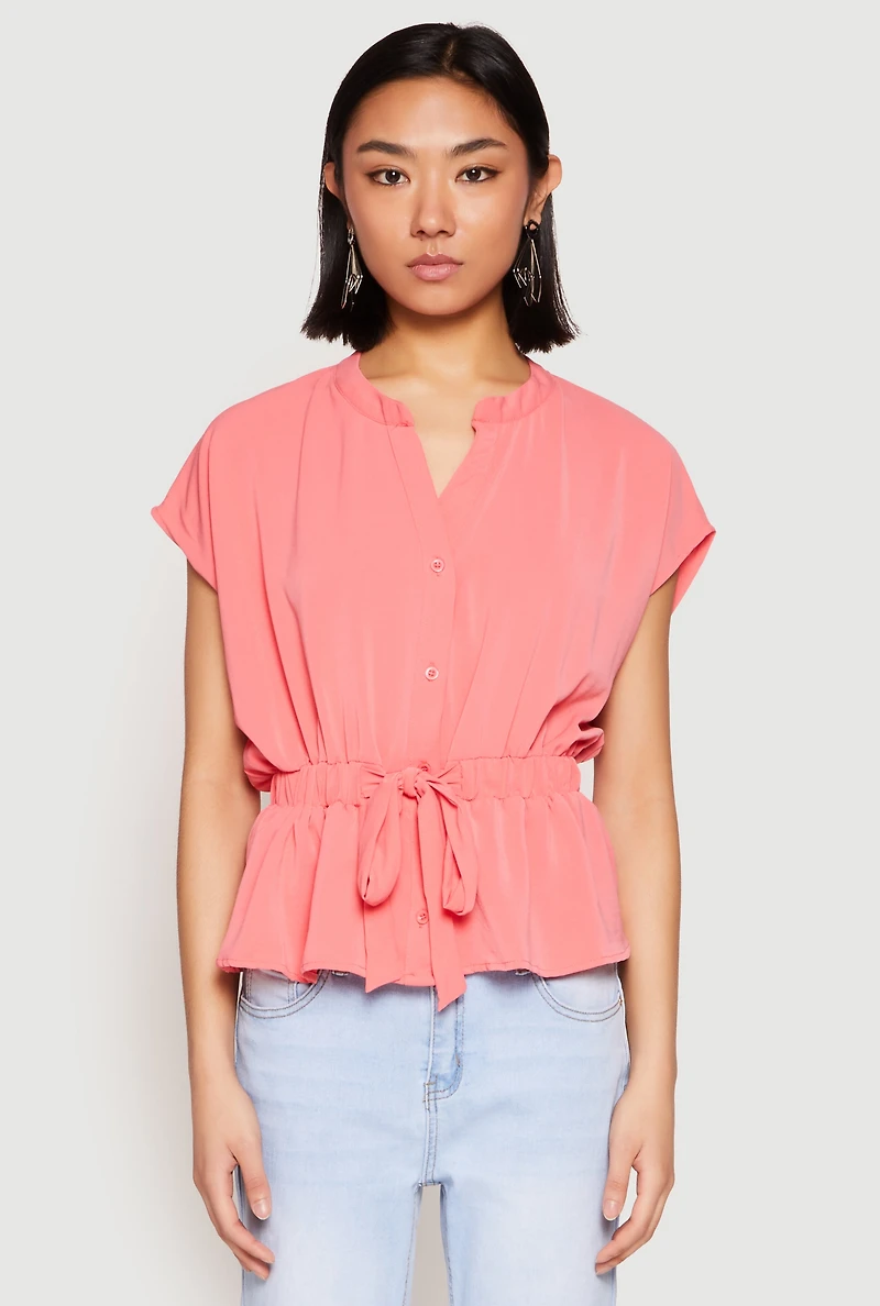 Womens Iris Crepe Knit Drawstring Waist Blouse, Pink, Size S