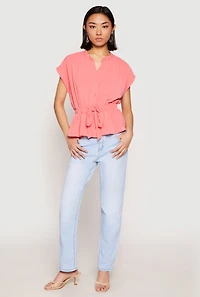 Womens Iris Crepe Knit Drawstring Waist Blouse, Pink, Size S
