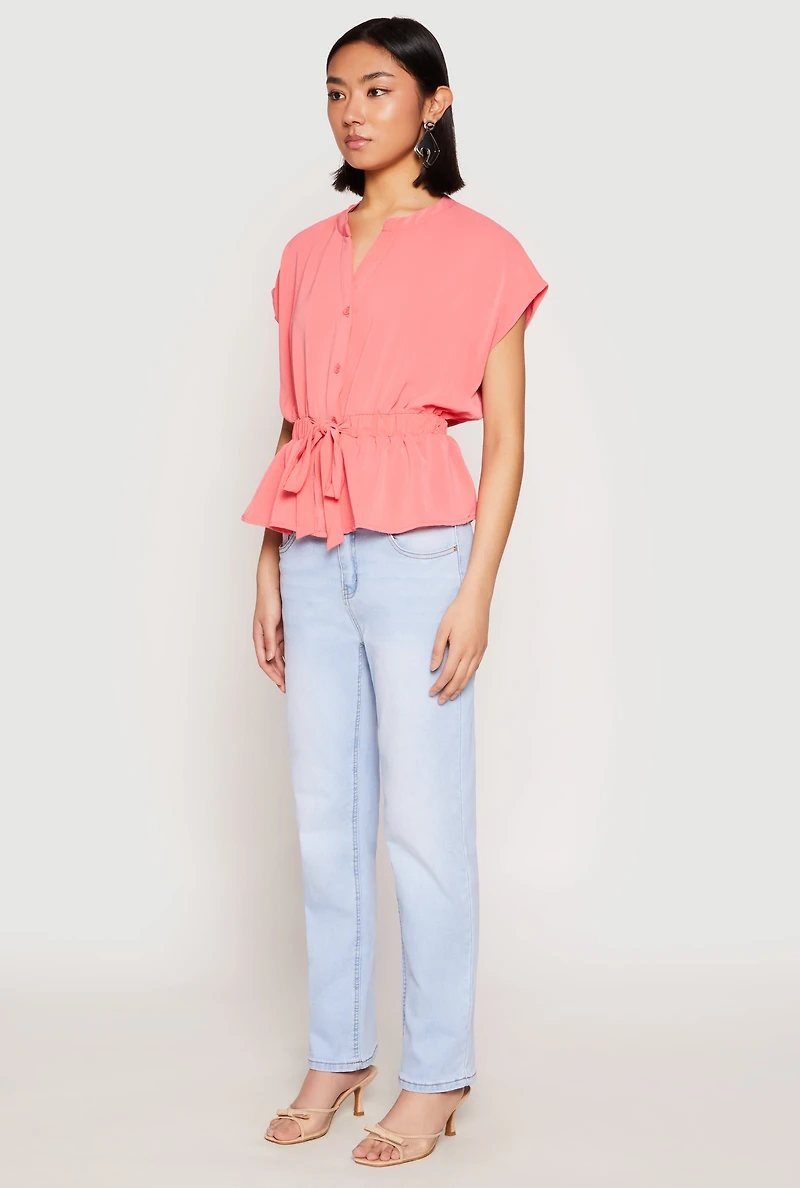Womens Iris Crepe Knit Drawstring Waist Blouse, Pink, Size S