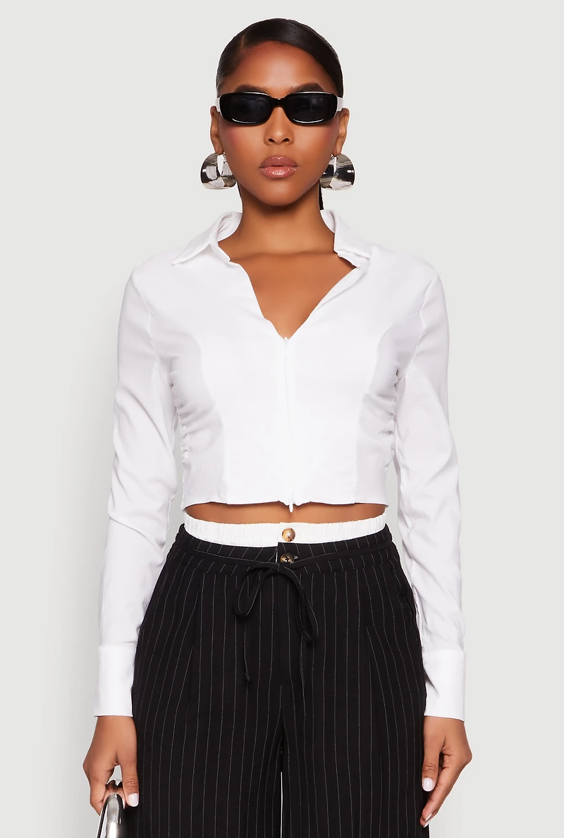 Womens Iris Zip Front Cropped Shirt, White,