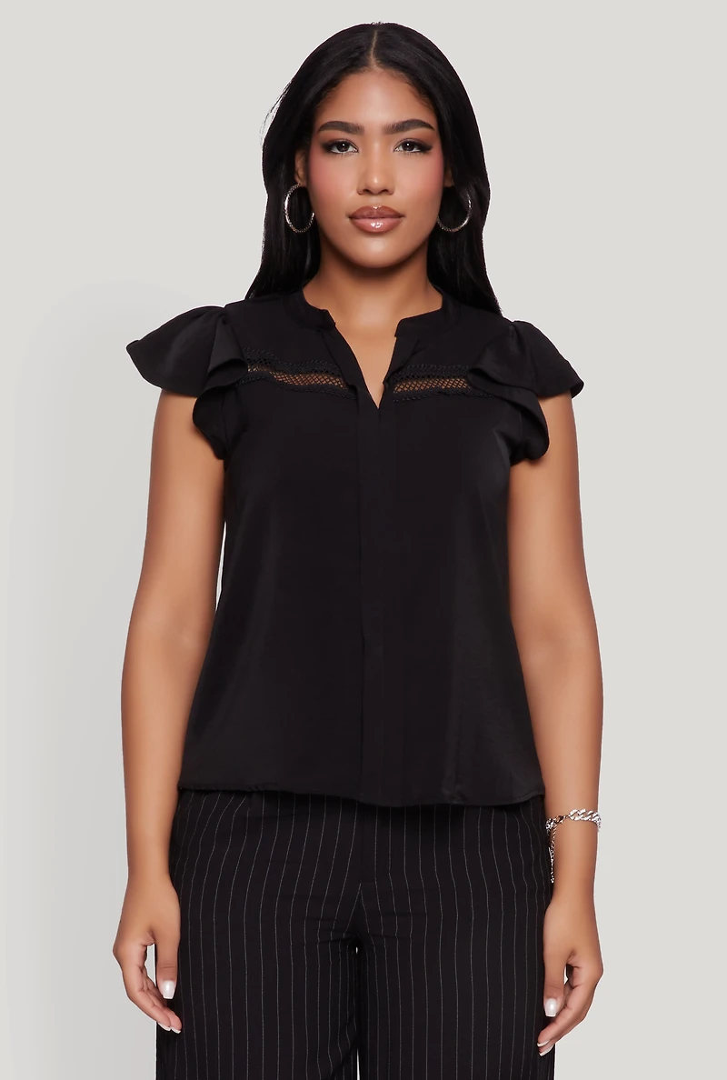 Womens Iris Crepe Knit Flutter Sleeve Blouse, Black, Size S