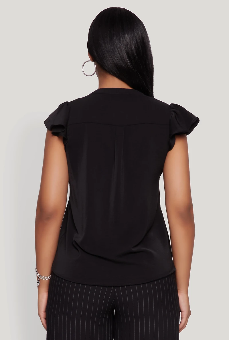 Womens Iris Crepe Knit Flutter Sleeve Blouse, Black, Size S