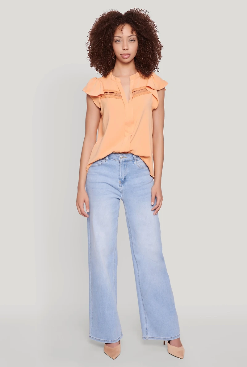 Womens Iris Crepe Knit Flutter Sleeve Blouse, Orange,