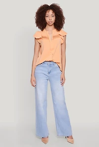 Womens Iris Crepe Knit Flutter Sleeve Blouse, Orange,