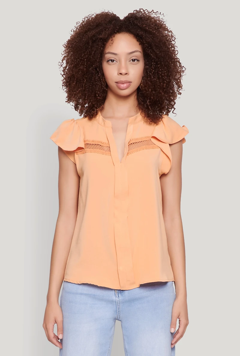 Womens Iris Crepe Knit Flutter Sleeve Blouse, Orange,