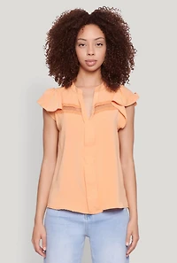 Womens Iris Crepe Knit Flutter Sleeve Blouse, Orange,