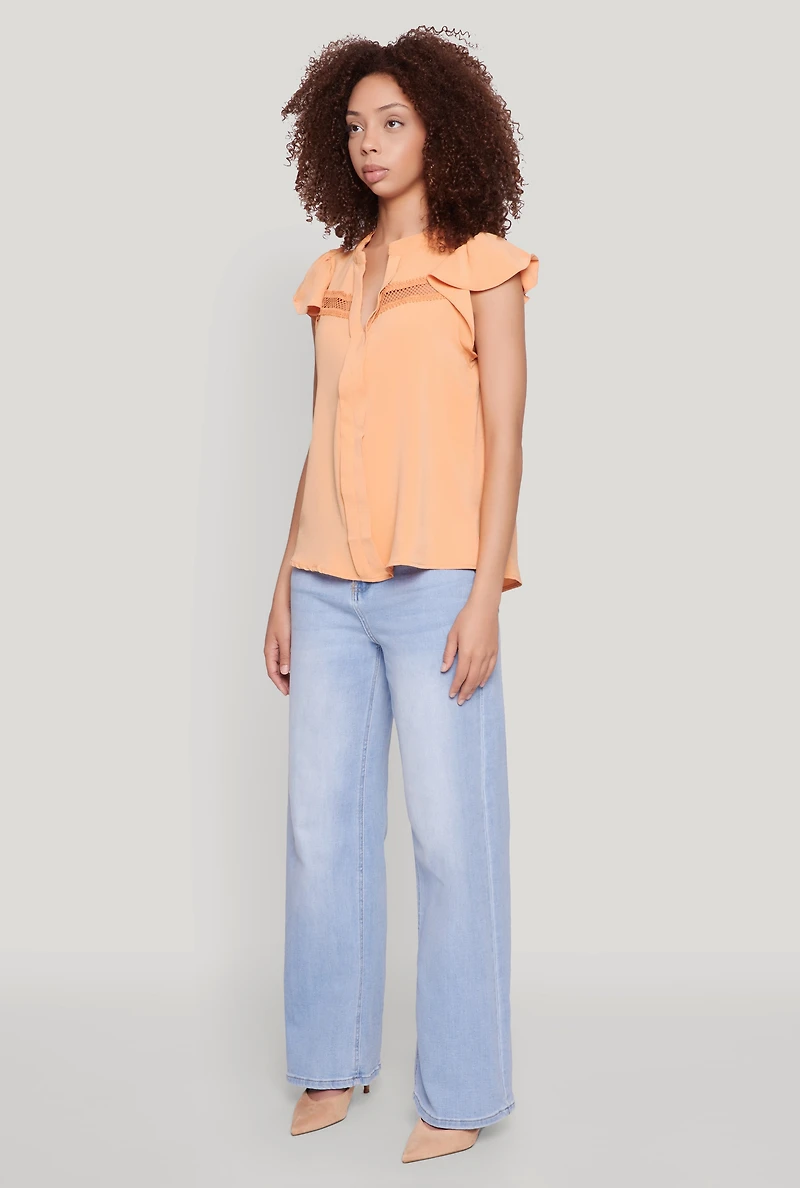 Womens Iris Crepe Knit Flutter Sleeve Blouse, Orange,
