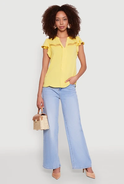 Womens Iris Crepe Knit Flutter Sleeve Blouse, Yellow, Size S