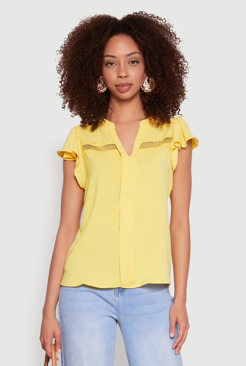 Womens Iris Crepe Knit Flutter Sleeve Blouse, Yellow, Size S