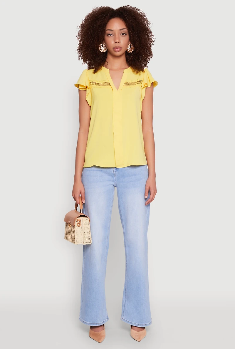 Womens Iris Crepe Knit Flutter Sleeve Blouse, Yellow, Size S