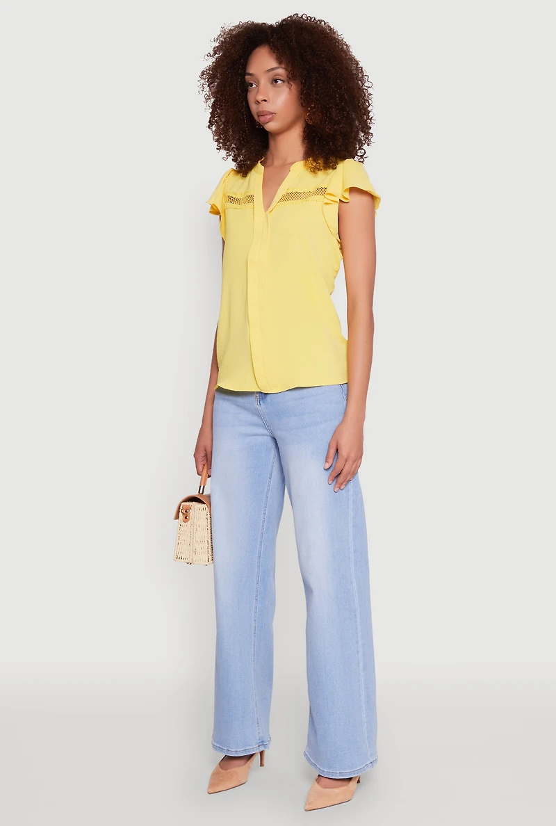 Womens Iris Crepe Knit Flutter Sleeve Blouse, Yellow, Size S