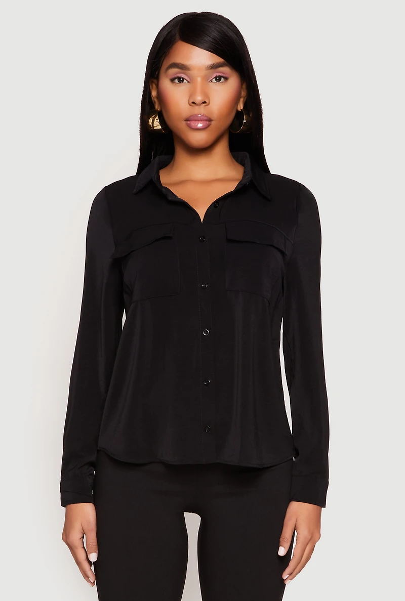 Iris Airy Button Front Cargo Pocket Blouse