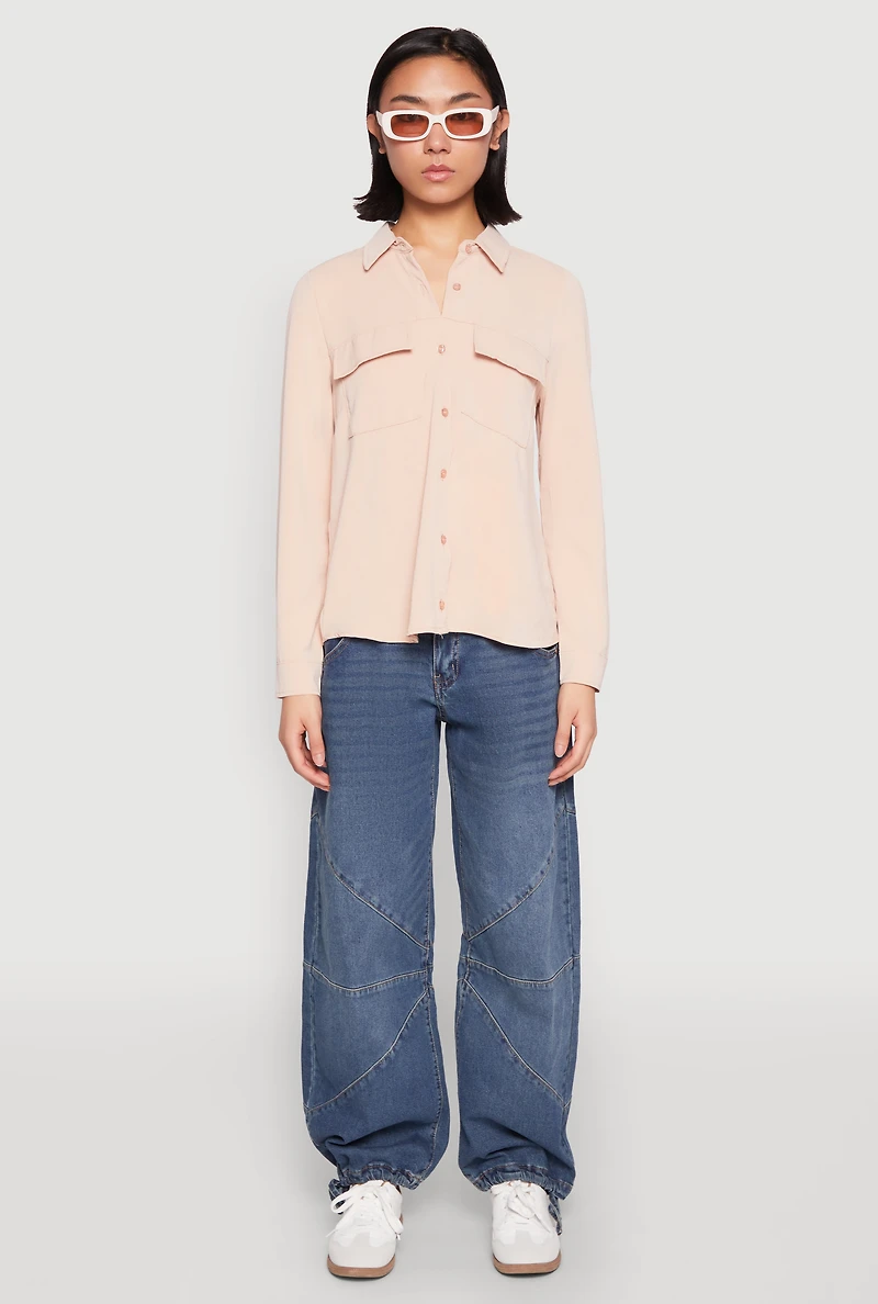 Iris Airy Button Front Cargo Pocket Blouse