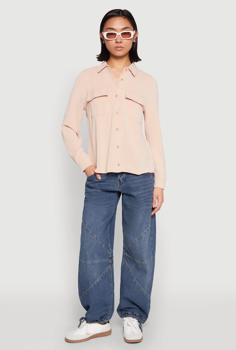 Womens Iris Airy Button Front Cargo Pocket Blouse, Beige,