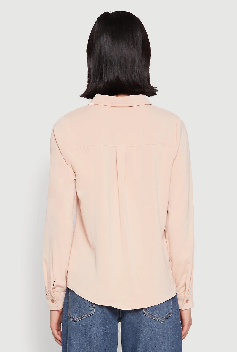Womens Iris Airy Button Front Cargo Pocket Blouse, Beige,