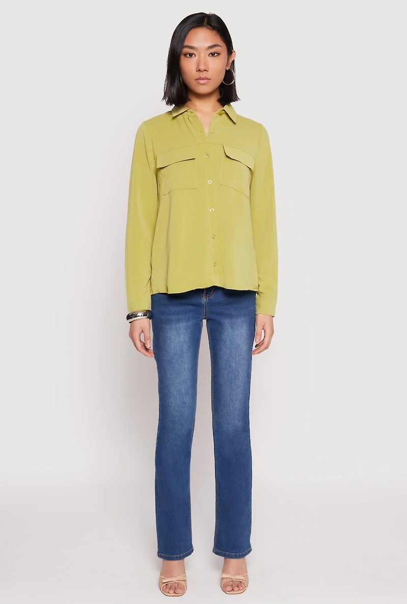 Womens Iris Airy Button Front Cargo Pocket Blouse, Green, Size L