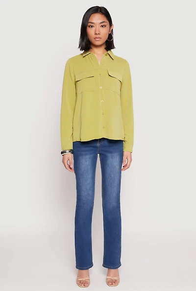 Womens Iris Airy Button Front Cargo Pocket Blouse, Green, Size L