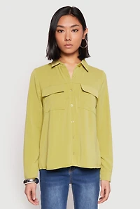 Womens Iris Airy Button Front Cargo Pocket Blouse, Green, Size M