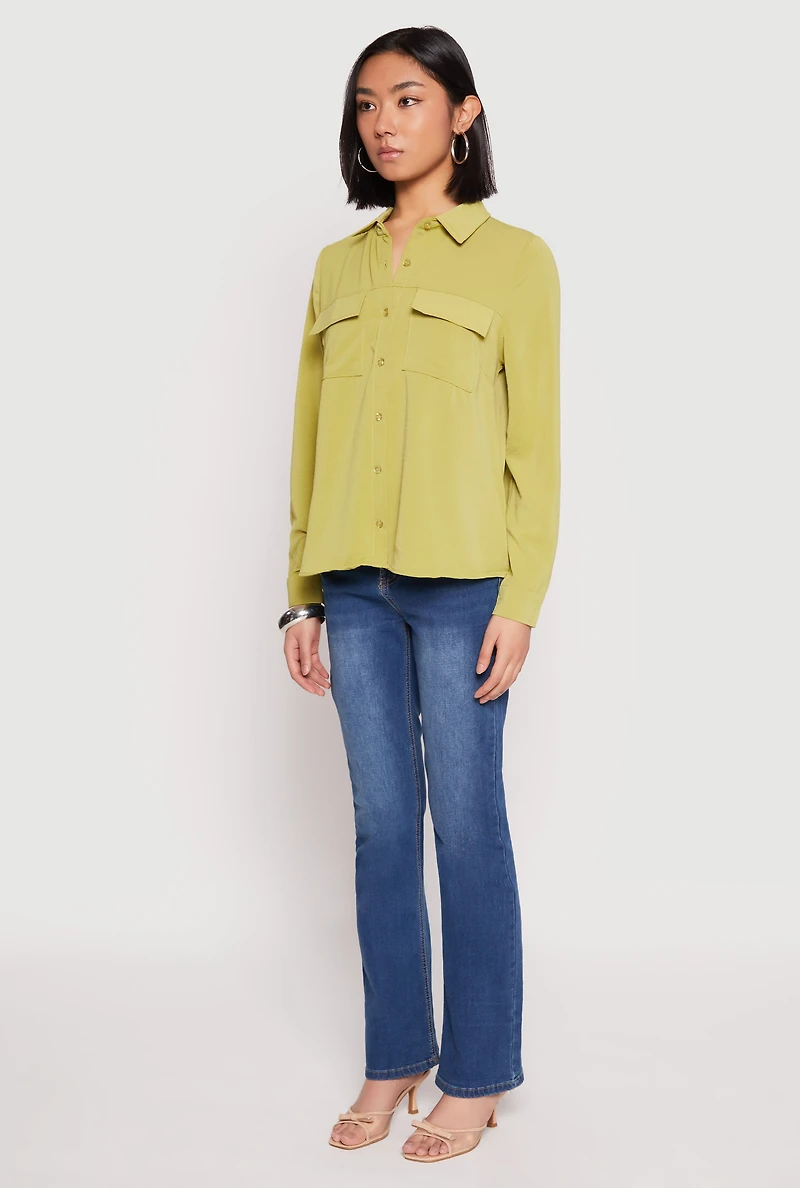 Womens Iris Airy Button Front Cargo Pocket Blouse, Green, Size M