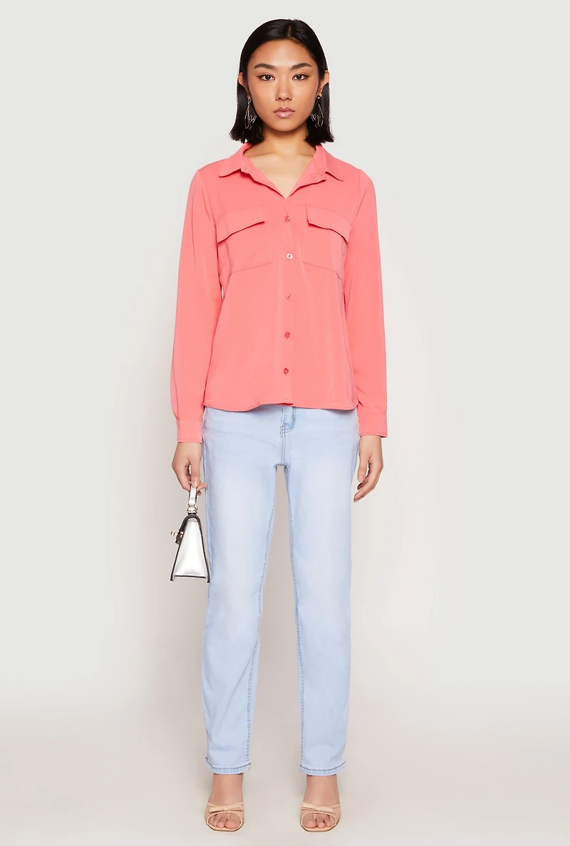 Womens Iris Airy Button Front Cargo Pocket Blouse, Pink, Size S