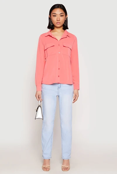Womens Iris Airy Button Front Cargo Pocket Blouse, Pink, Size S